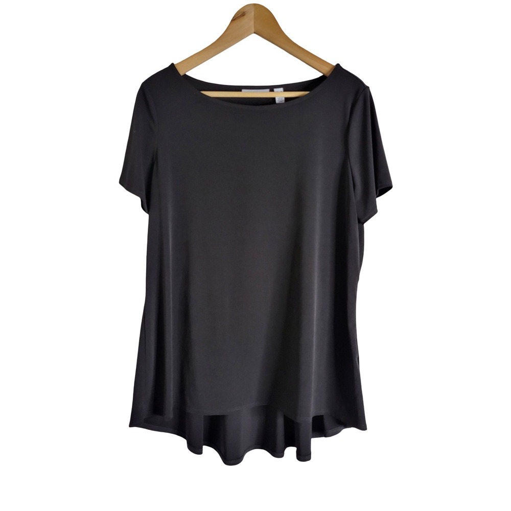 Susan Graver Liquid Knit Black Peplum Top Short Sleeve High Low Scoop Neck M